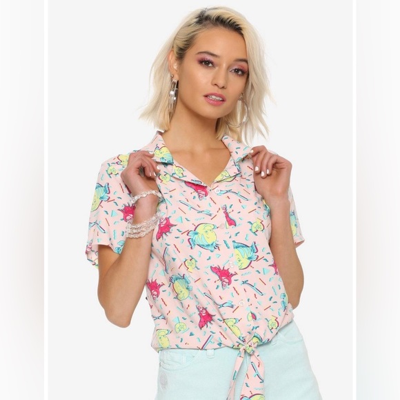 Her Universe Tops - The Little Mermaid Flounder & Sebastian Tie-Front Woven Button-Up